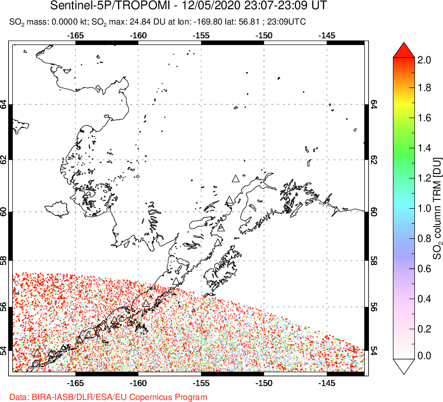 A sulfur dioxide image over Alaska, USA on Dec 05, 2020.