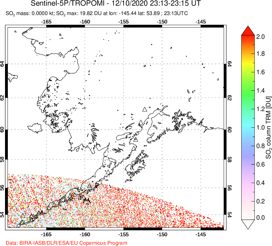 A sulfur dioxide image over Alaska, USA on Dec 10, 2020.