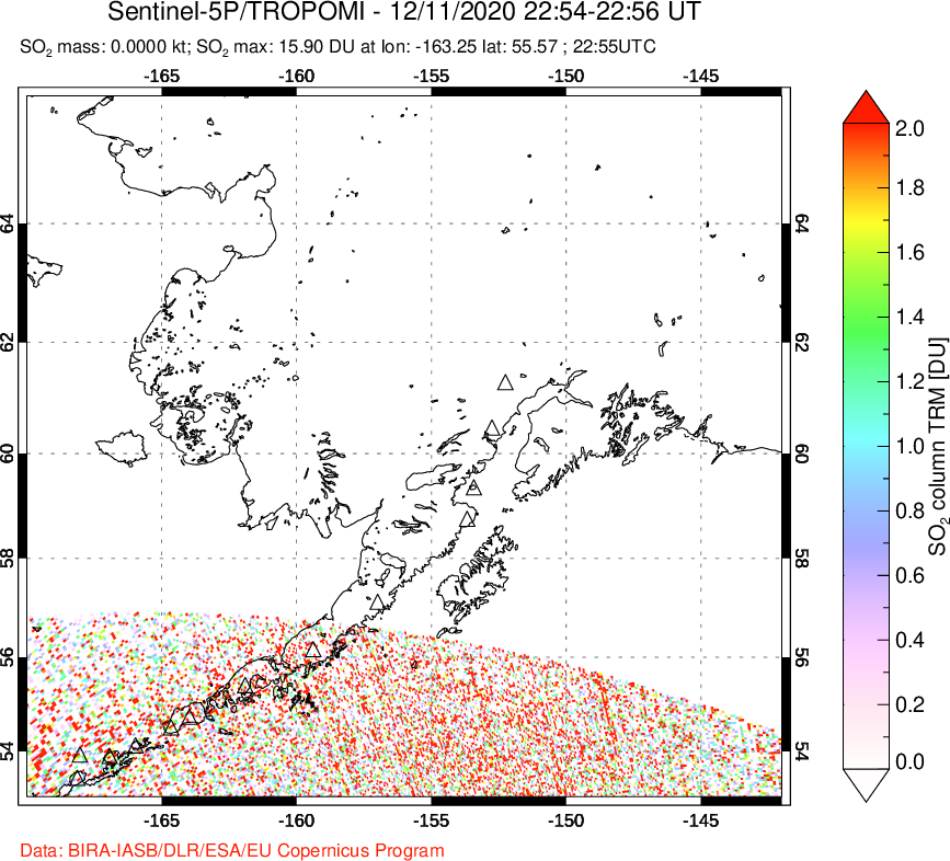 A sulfur dioxide image over Alaska, USA on Dec 11, 2020.