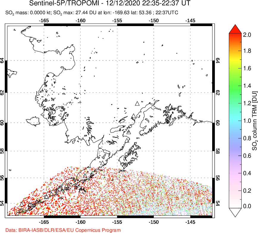 A sulfur dioxide image over Alaska, USA on Dec 12, 2020.