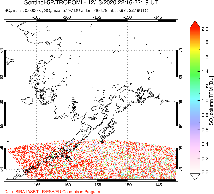 A sulfur dioxide image over Alaska, USA on Dec 13, 2020.