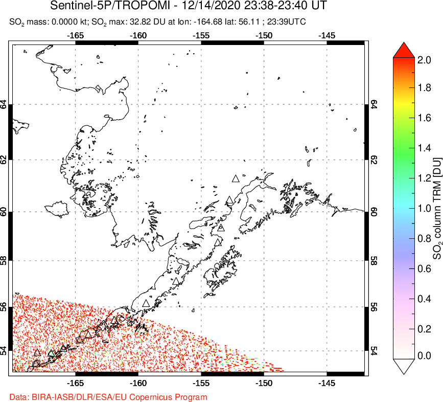 A sulfur dioxide image over Alaska, USA on Dec 14, 2020.