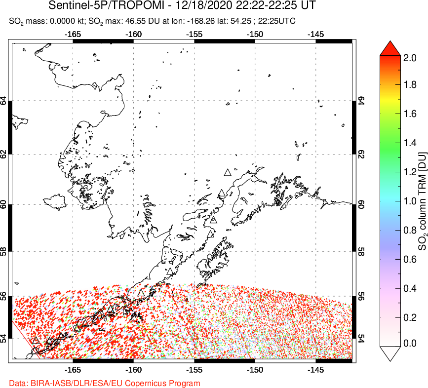 A sulfur dioxide image over Alaska, USA on Dec 18, 2020.