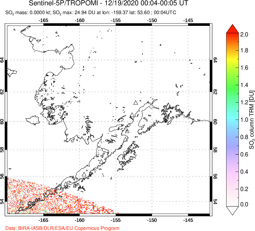A sulfur dioxide image over Alaska, USA on Dec 19, 2020.