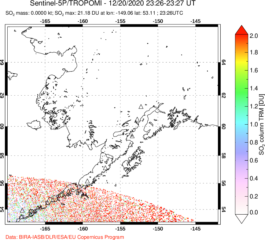 A sulfur dioxide image over Alaska, USA on Dec 20, 2020.