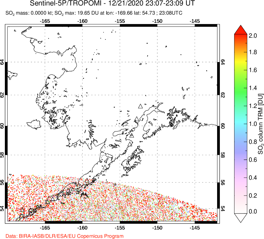 A sulfur dioxide image over Alaska, USA on Dec 21, 2020.