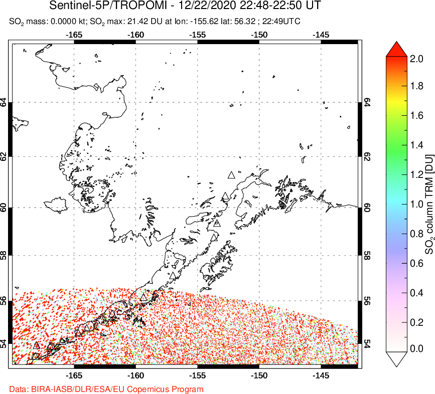 A sulfur dioxide image over Alaska, USA on Dec 22, 2020.