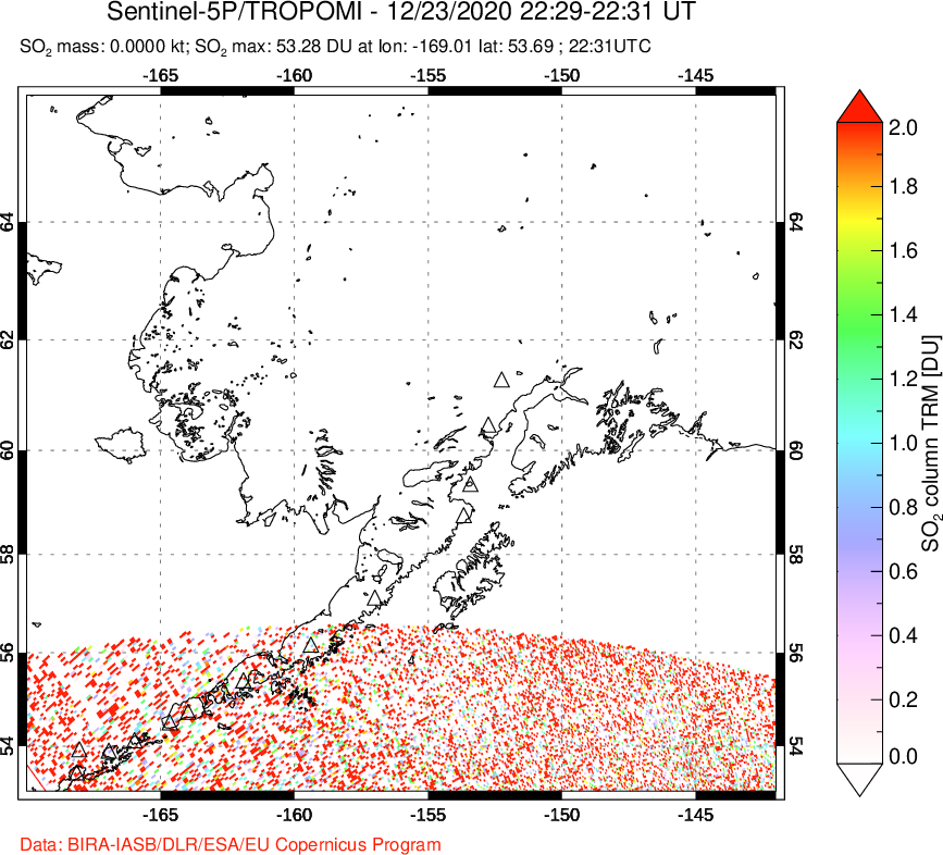 A sulfur dioxide image over Alaska, USA on Dec 23, 2020.