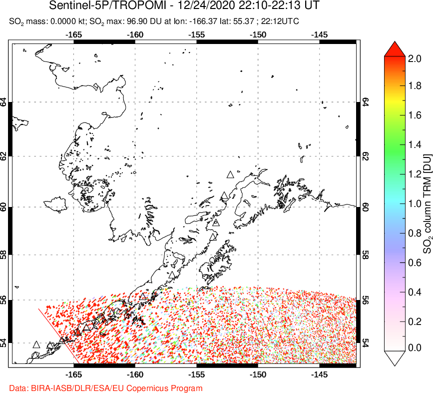 A sulfur dioxide image over Alaska, USA on Dec 24, 2020.
