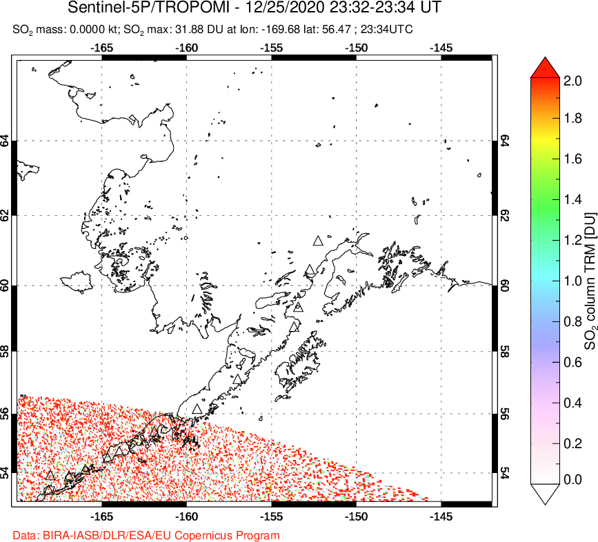 A sulfur dioxide image over Alaska, USA on Dec 25, 2020.