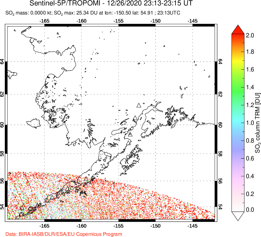 A sulfur dioxide image over Alaska, USA on Dec 26, 2020.