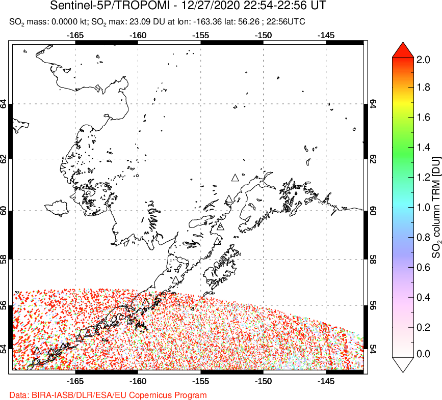 A sulfur dioxide image over Alaska, USA on Dec 27, 2020.