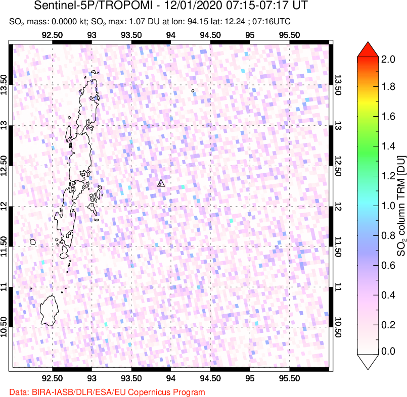 A sulfur dioxide image over Andaman Islands, Indian Ocean on Dec 01, 2020.