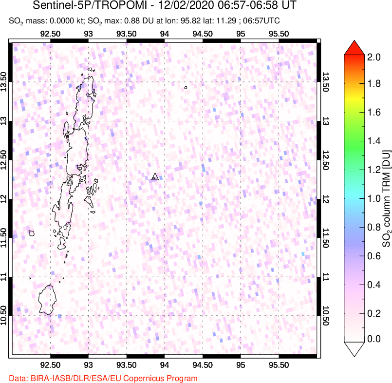 A sulfur dioxide image over Andaman Islands, Indian Ocean on Dec 02, 2020.