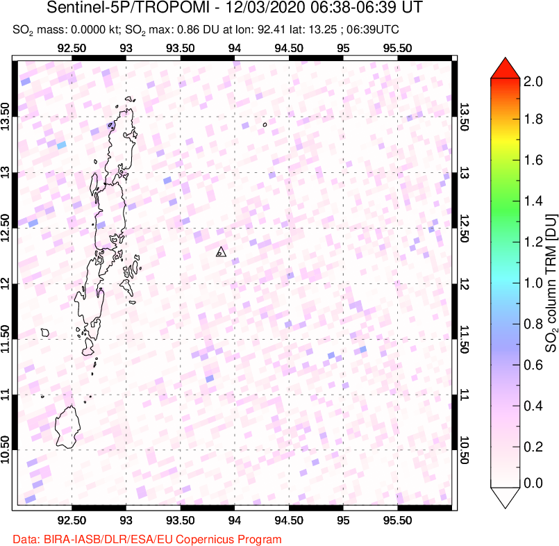 A sulfur dioxide image over Andaman Islands, Indian Ocean on Dec 03, 2020.