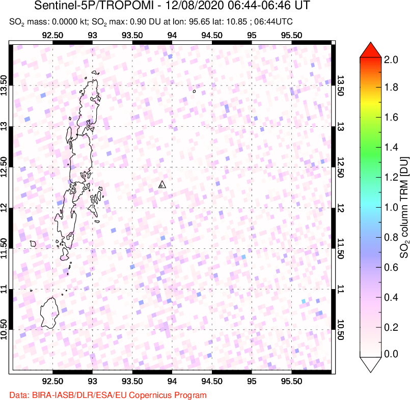 A sulfur dioxide image over Andaman Islands, Indian Ocean on Dec 08, 2020.