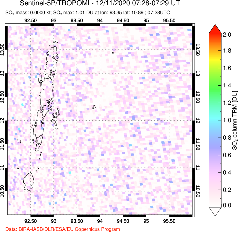 A sulfur dioxide image over Andaman Islands, Indian Ocean on Dec 11, 2020.