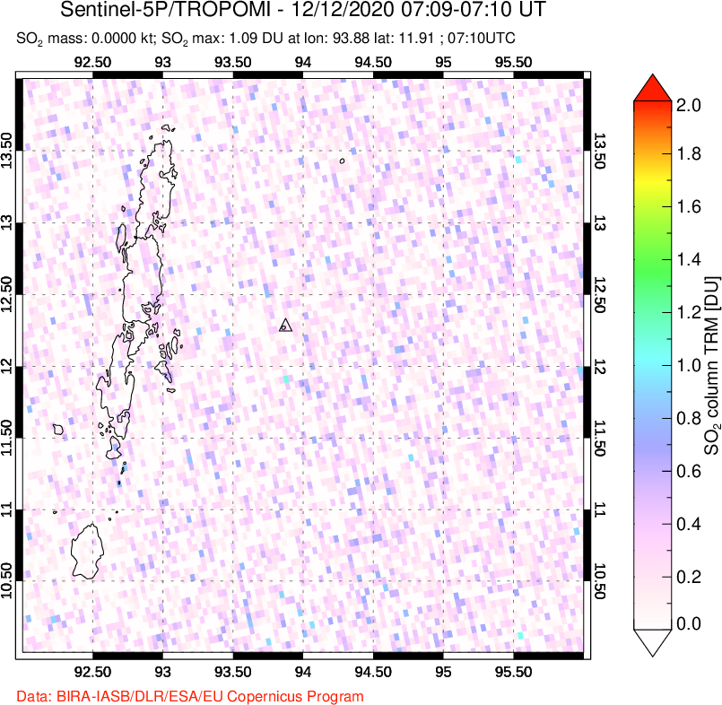 A sulfur dioxide image over Andaman Islands, Indian Ocean on Dec 12, 2020.