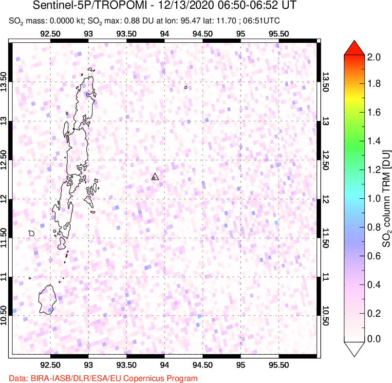 A sulfur dioxide image over Andaman Islands, Indian Ocean on Dec 13, 2020.