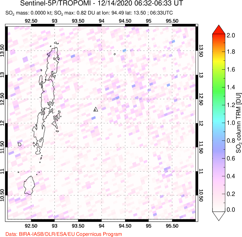 A sulfur dioxide image over Andaman Islands, Indian Ocean on Dec 14, 2020.
