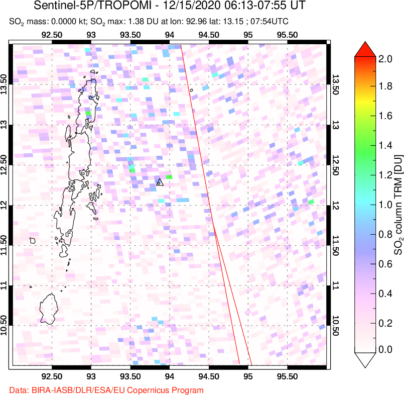 A sulfur dioxide image over Andaman Islands, Indian Ocean on Dec 15, 2020.
