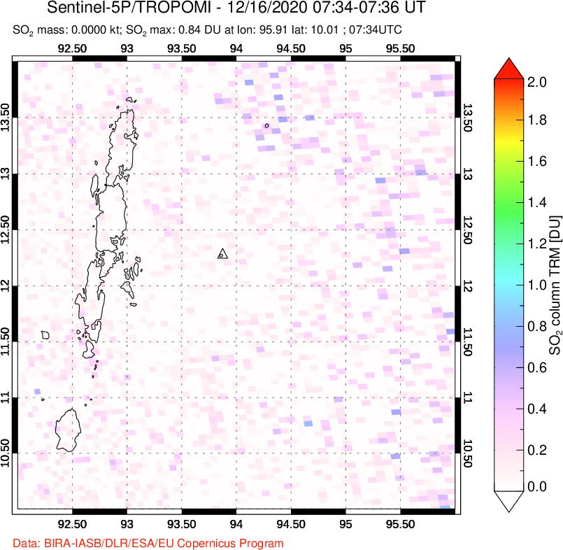 A sulfur dioxide image over Andaman Islands, Indian Ocean on Dec 16, 2020.