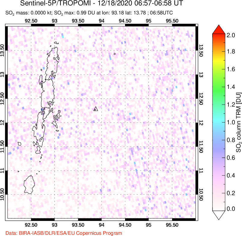 A sulfur dioxide image over Andaman Islands, Indian Ocean on Dec 18, 2020.
