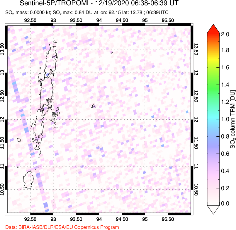 A sulfur dioxide image over Andaman Islands, Indian Ocean on Dec 19, 2020.
