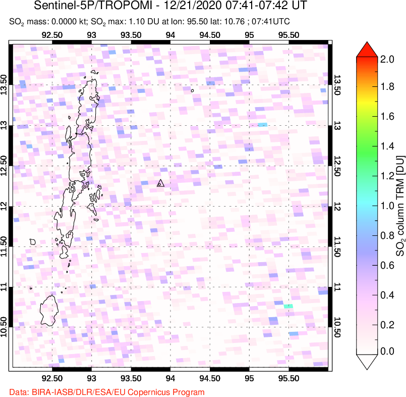 A sulfur dioxide image over Andaman Islands, Indian Ocean on Dec 21, 2020.