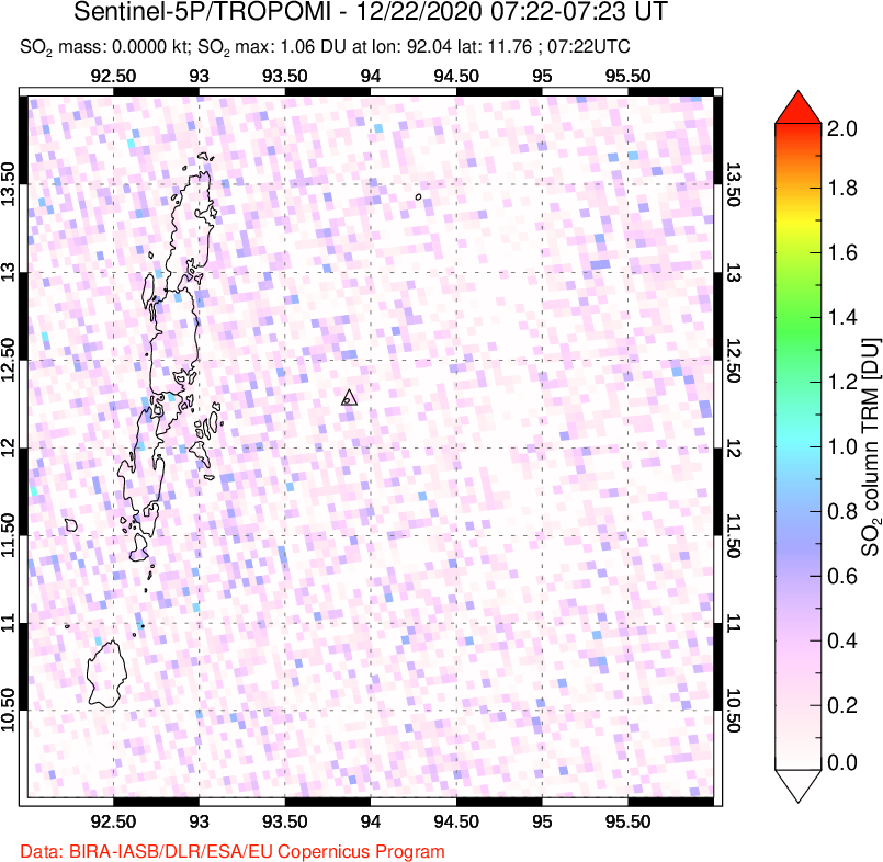 A sulfur dioxide image over Andaman Islands, Indian Ocean on Dec 22, 2020.