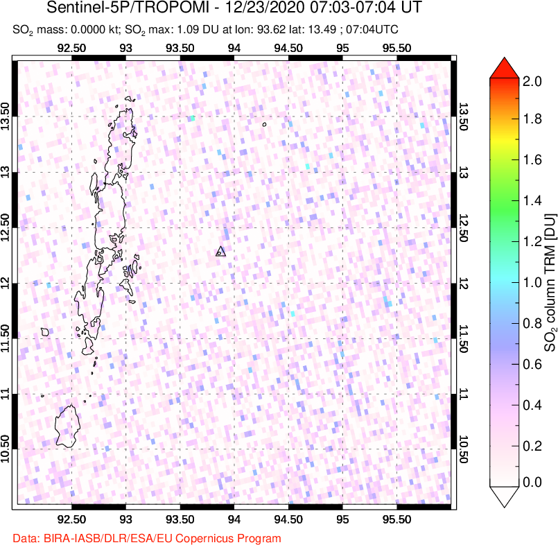 A sulfur dioxide image over Andaman Islands, Indian Ocean on Dec 23, 2020.