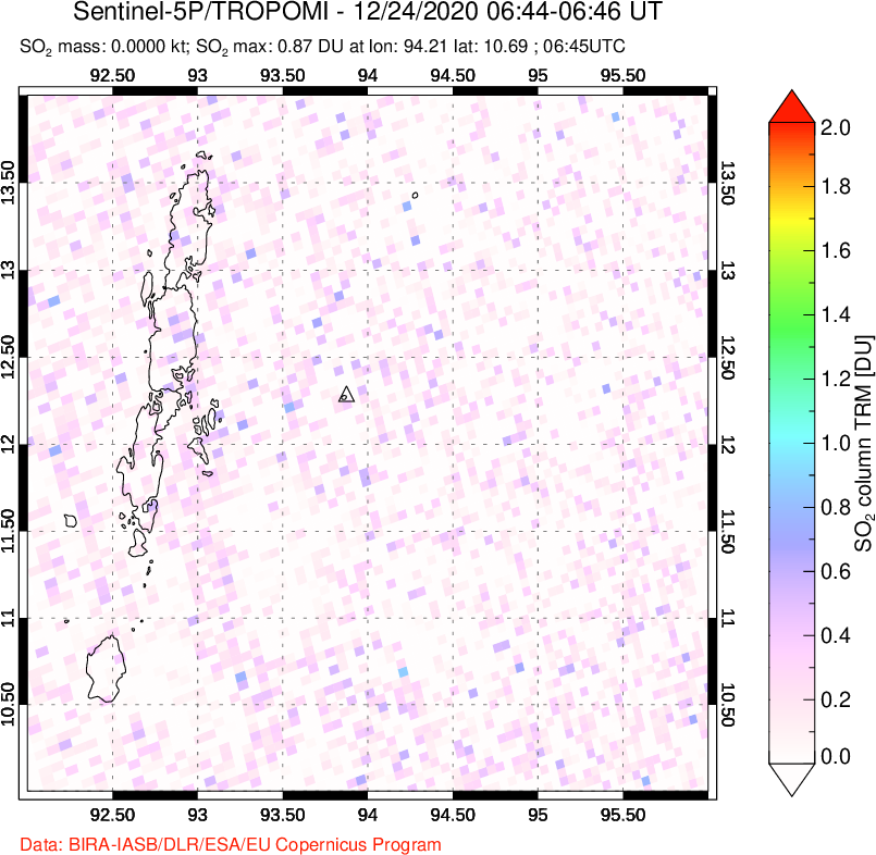 A sulfur dioxide image over Andaman Islands, Indian Ocean on Dec 24, 2020.