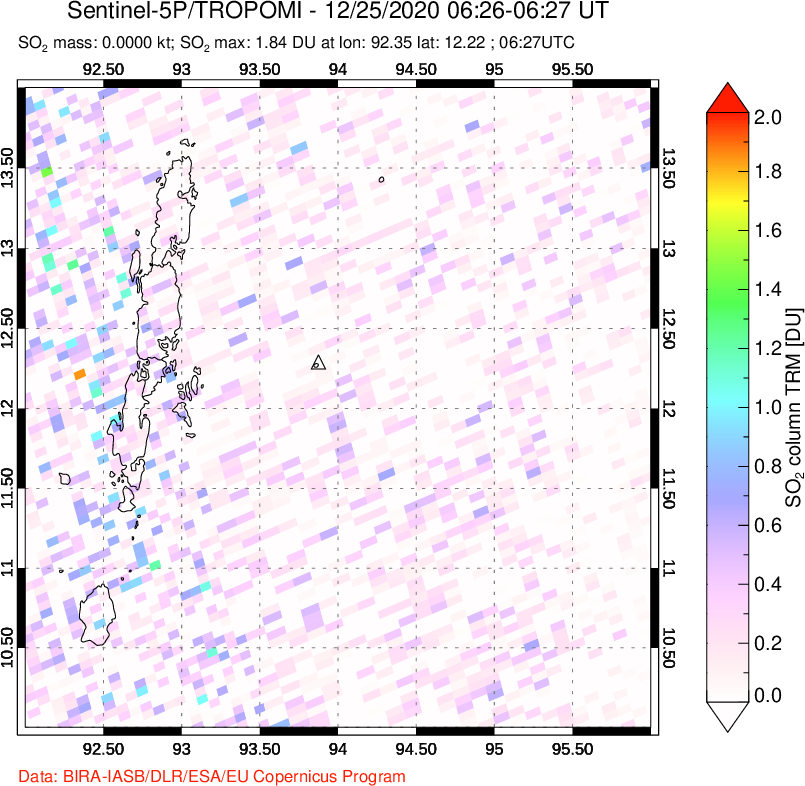 A sulfur dioxide image over Andaman Islands, Indian Ocean on Dec 25, 2020.
