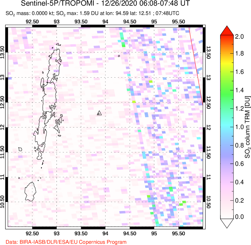 A sulfur dioxide image over Andaman Islands, Indian Ocean on Dec 26, 2020.