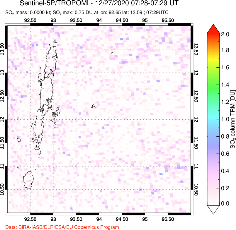 A sulfur dioxide image over Andaman Islands, Indian Ocean on Dec 27, 2020.