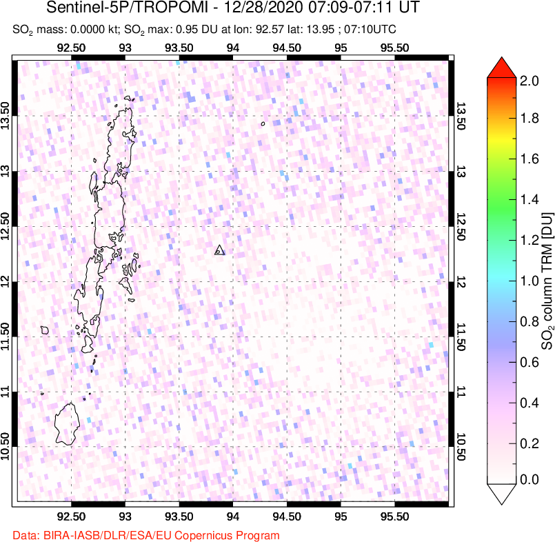 A sulfur dioxide image over Andaman Islands, Indian Ocean on Dec 28, 2020.