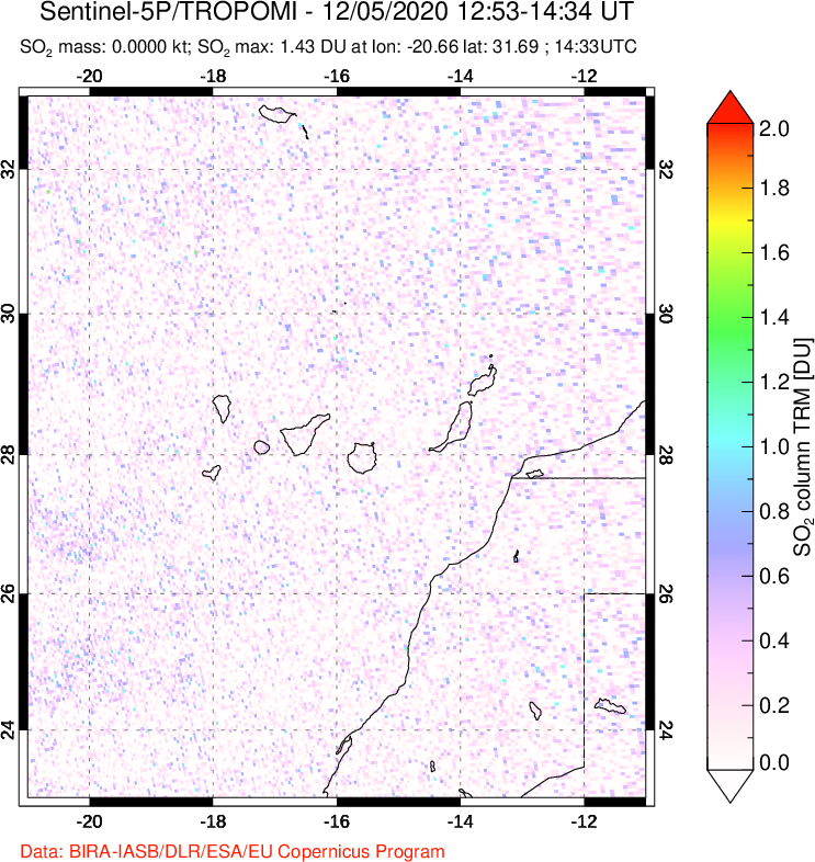 A sulfur dioxide image over Canary Islands on Dec 05, 2020.