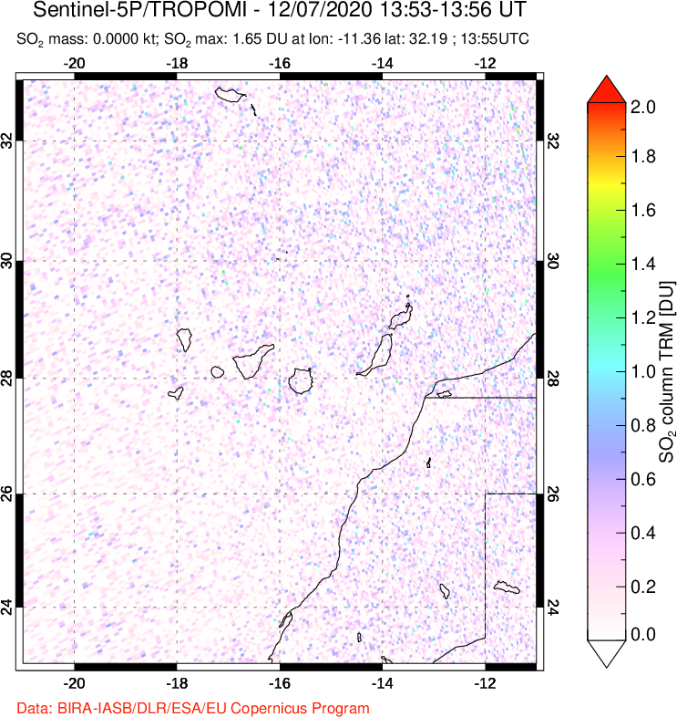 A sulfur dioxide image over Canary Islands on Dec 07, 2020.