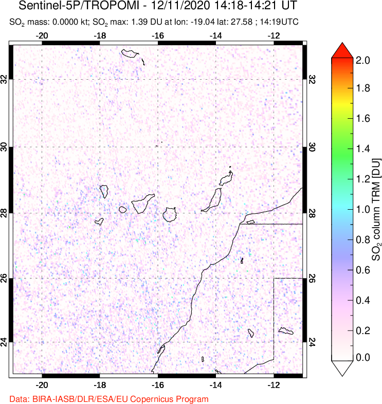 A sulfur dioxide image over Canary Islands on Dec 11, 2020.