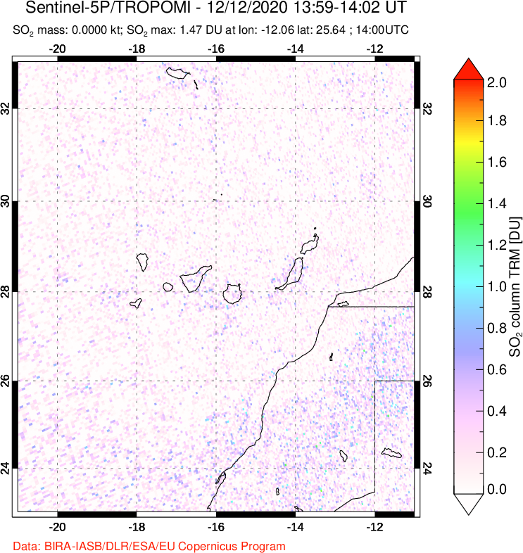 A sulfur dioxide image over Canary Islands on Dec 12, 2020.