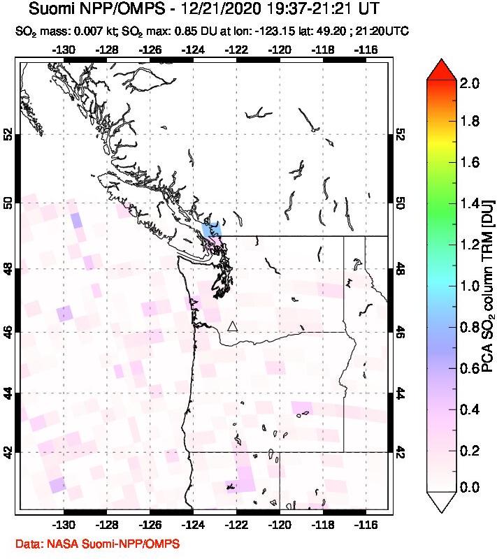 A sulfur dioxide image over Cascade Range, USA on Dec 21, 2020.