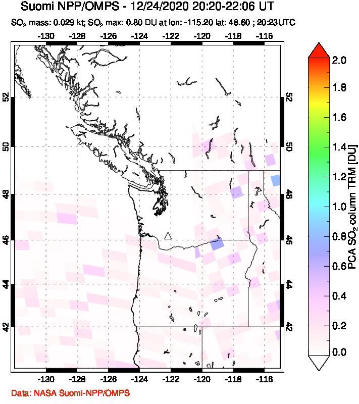 A sulfur dioxide image over Cascade Range, USA on Dec 24, 2020.