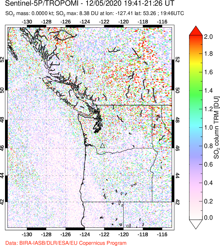 A sulfur dioxide image over Cascade Range, USA on Dec 05, 2020.