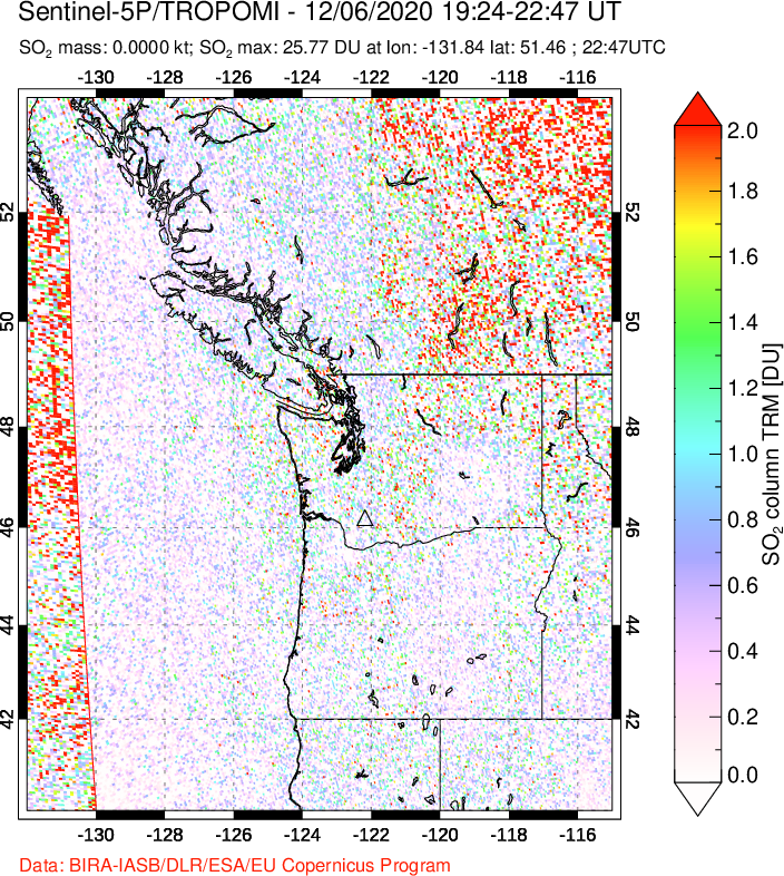 A sulfur dioxide image over Cascade Range, USA on Dec 06, 2020.