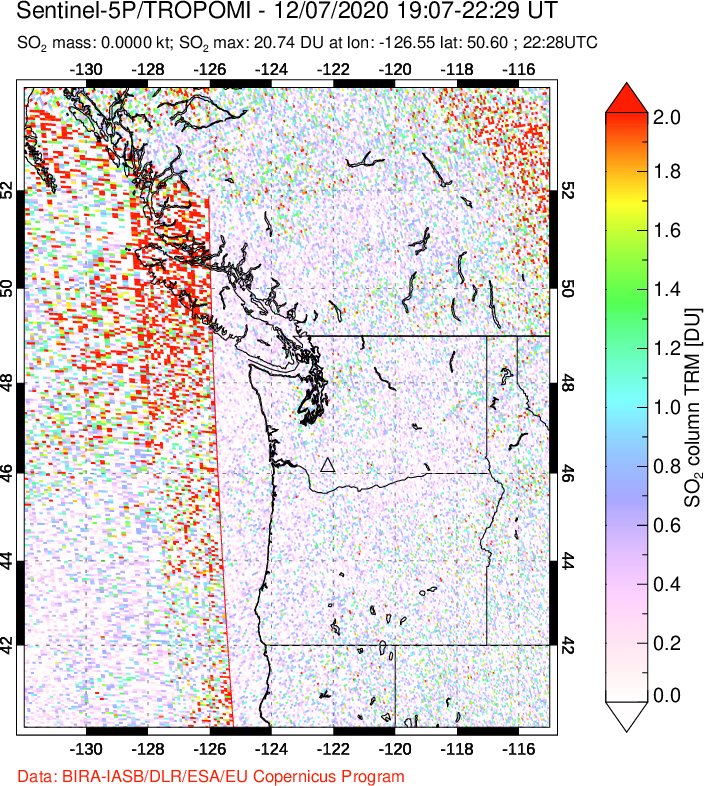 A sulfur dioxide image over Cascade Range, USA on Dec 07, 2020.