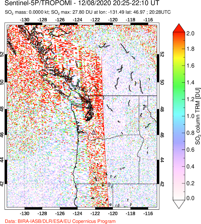 A sulfur dioxide image over Cascade Range, USA on Dec 08, 2020.