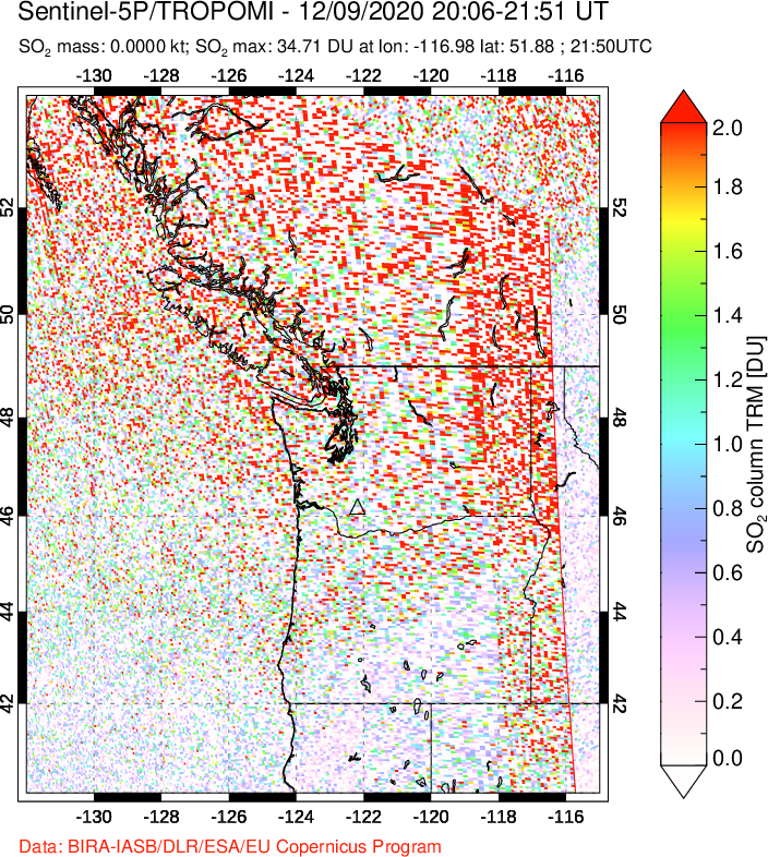 A sulfur dioxide image over Cascade Range, USA on Dec 09, 2020.