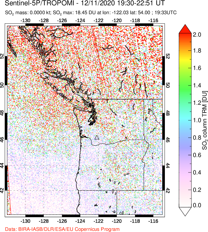 A sulfur dioxide image over Cascade Range, USA on Dec 11, 2020.