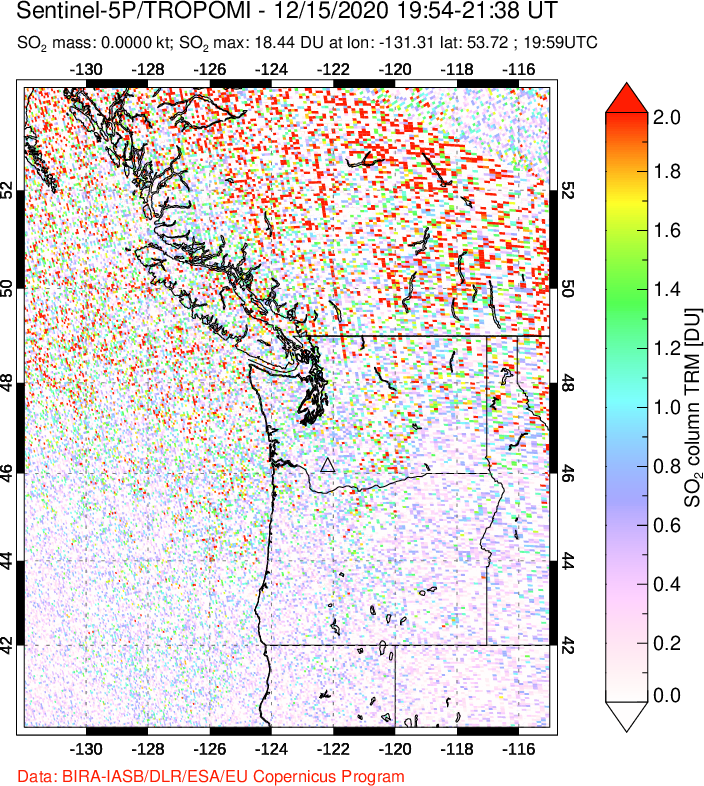 A sulfur dioxide image over Cascade Range, USA on Dec 15, 2020.