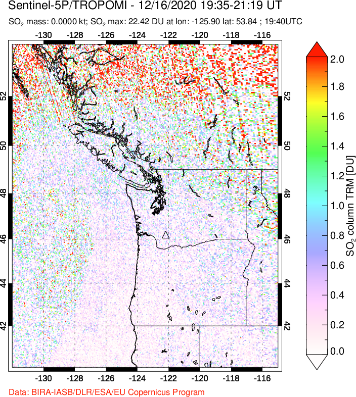A sulfur dioxide image over Cascade Range, USA on Dec 16, 2020.